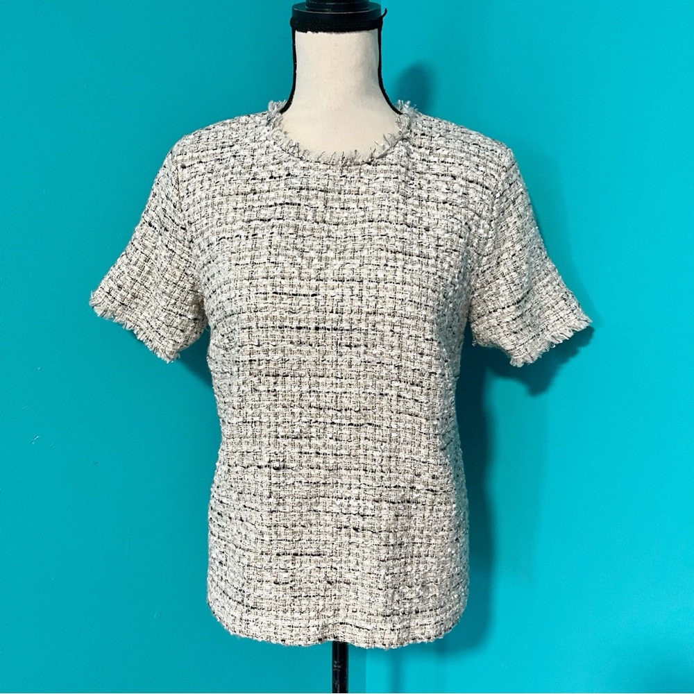 Ann Taylor M Multicolor Ivory Shimmer Fringe Tweed Short Sleeve Top